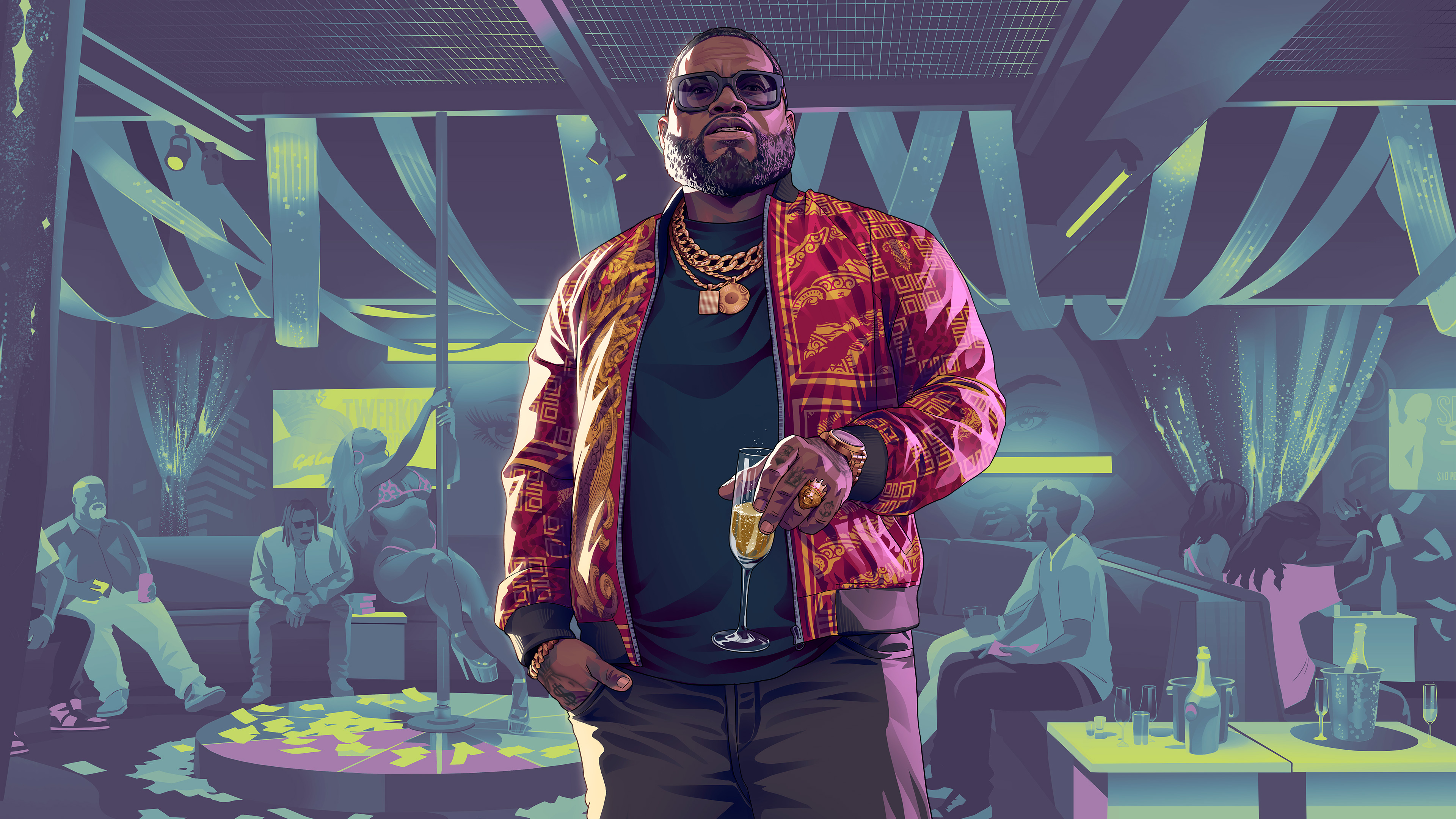 Official GTA VI artwork showing Boobie Ike in a lit interior.