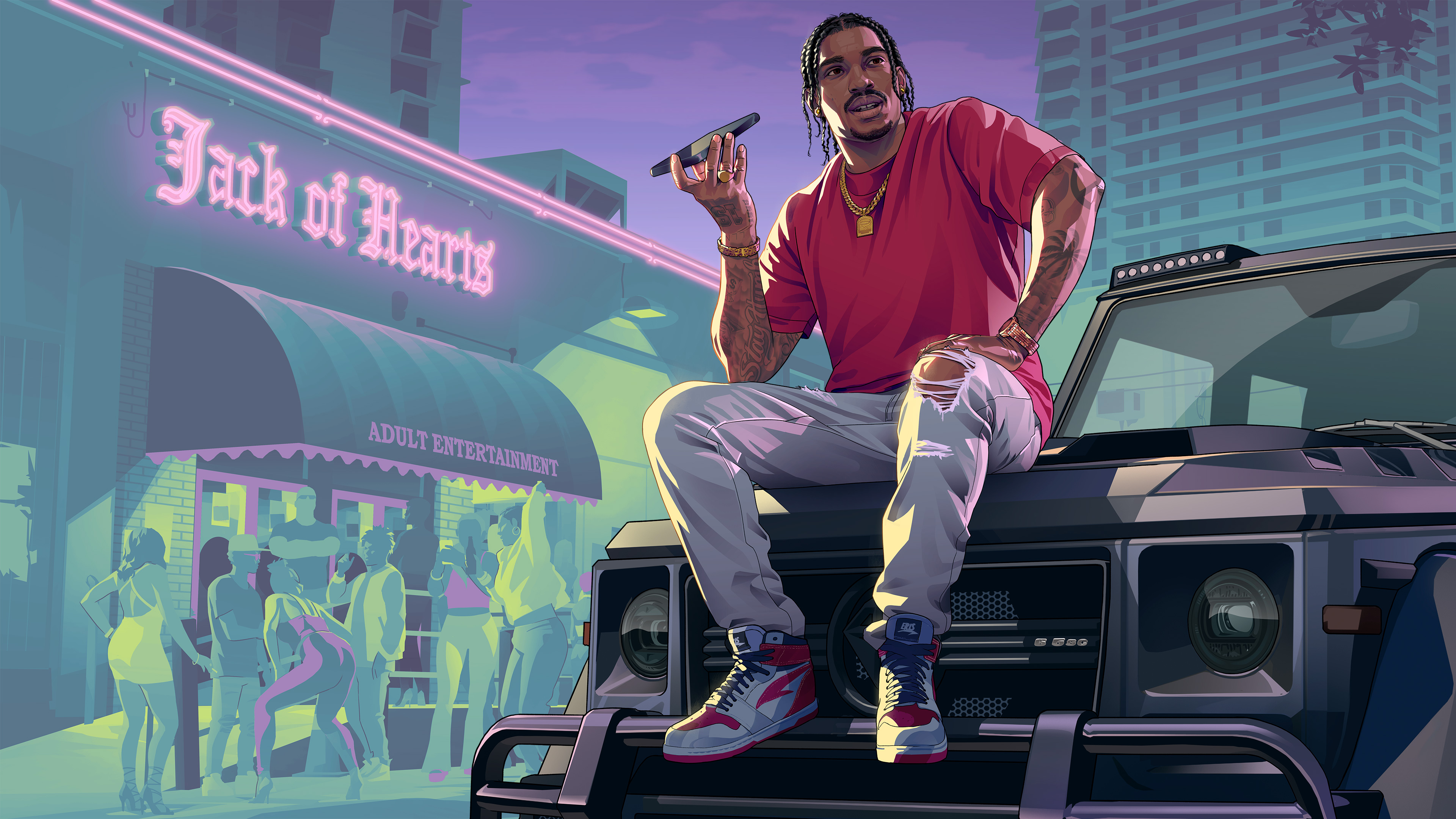 Official GTA VI artwork showing Dre'Quan Priest on a car.