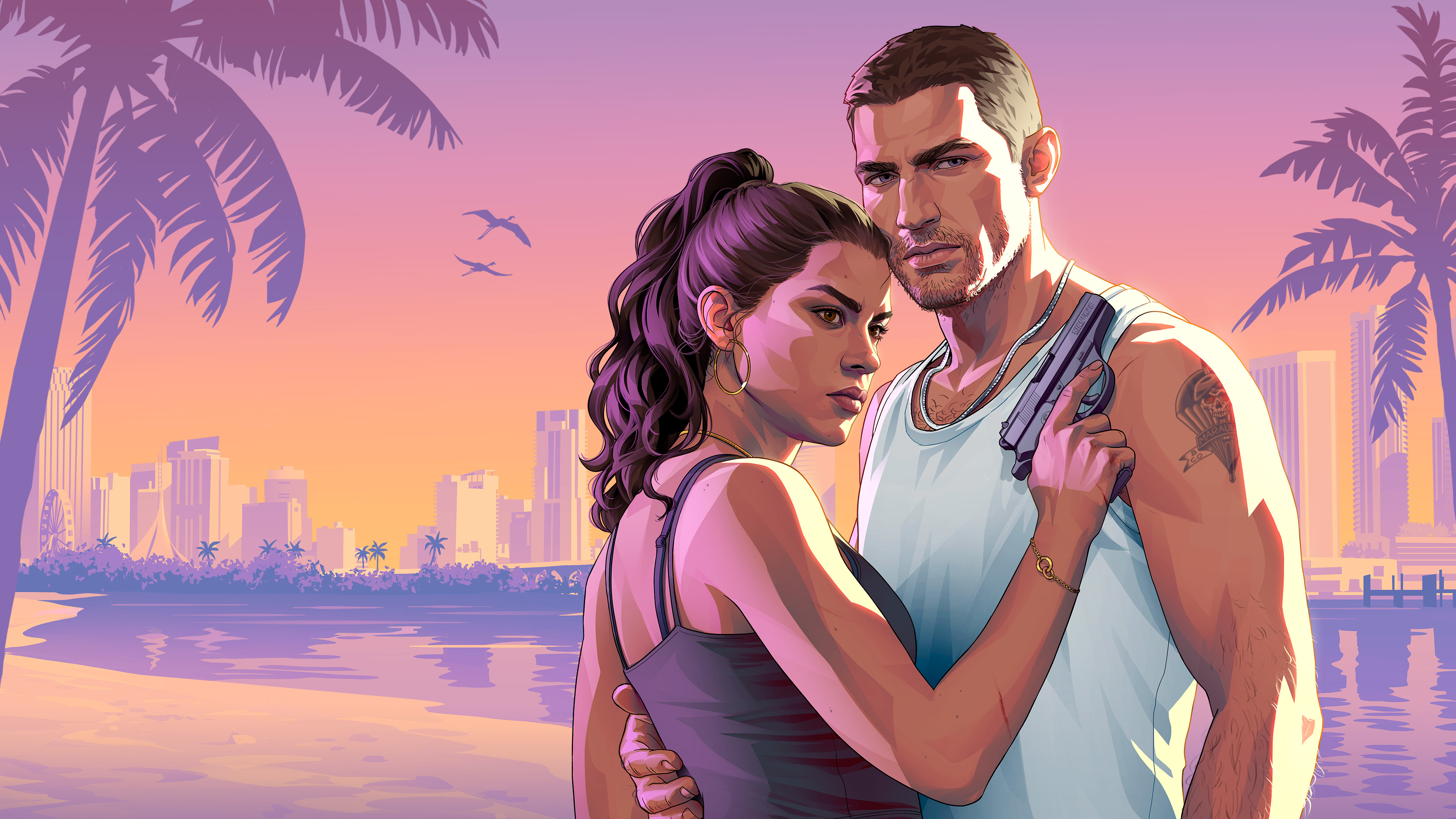 Official GTA VI artwork showing Jason and Lucia embracing.