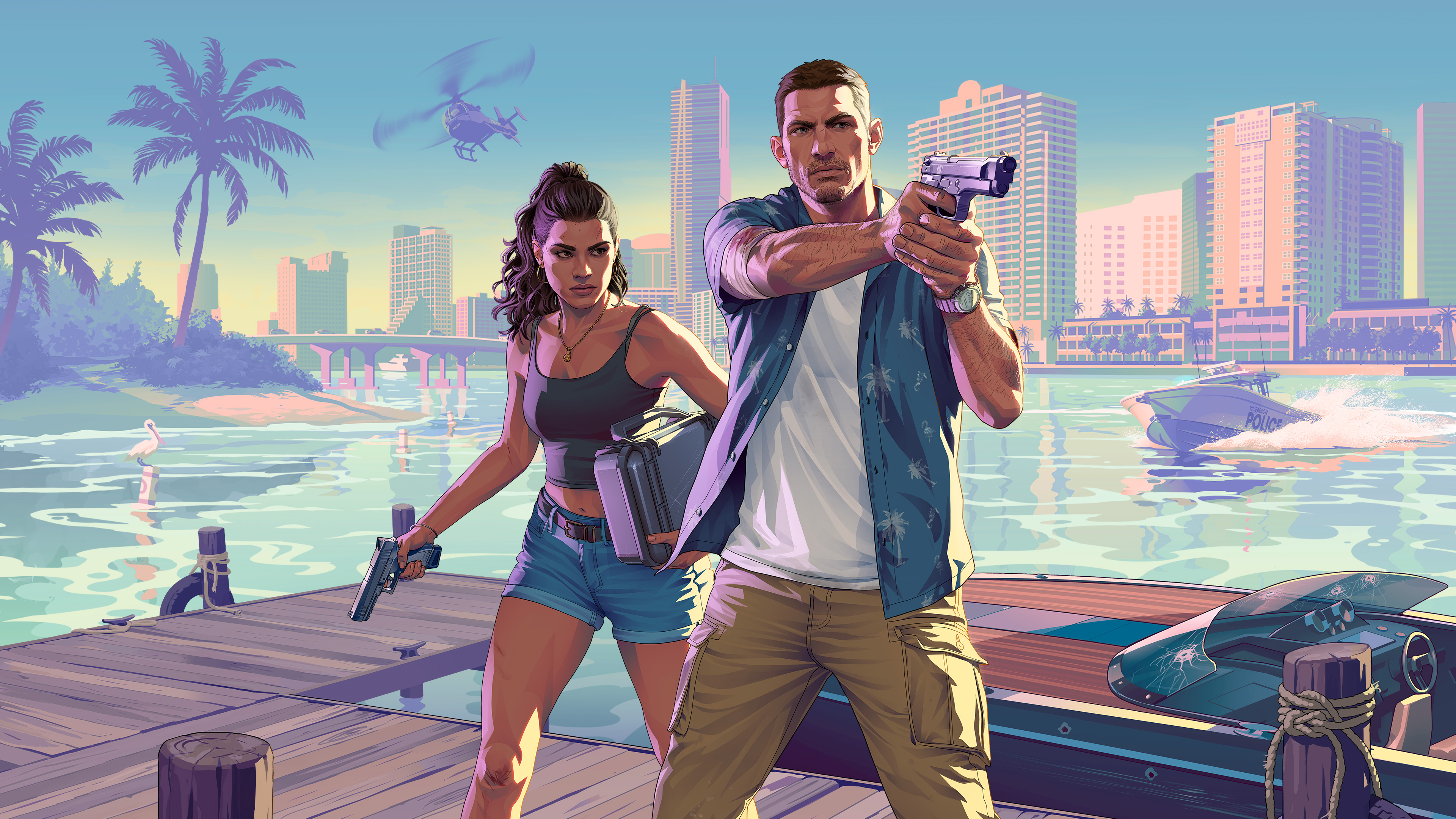 Arte oficial de GTA VI con Jason y Lucía junto a un coche.