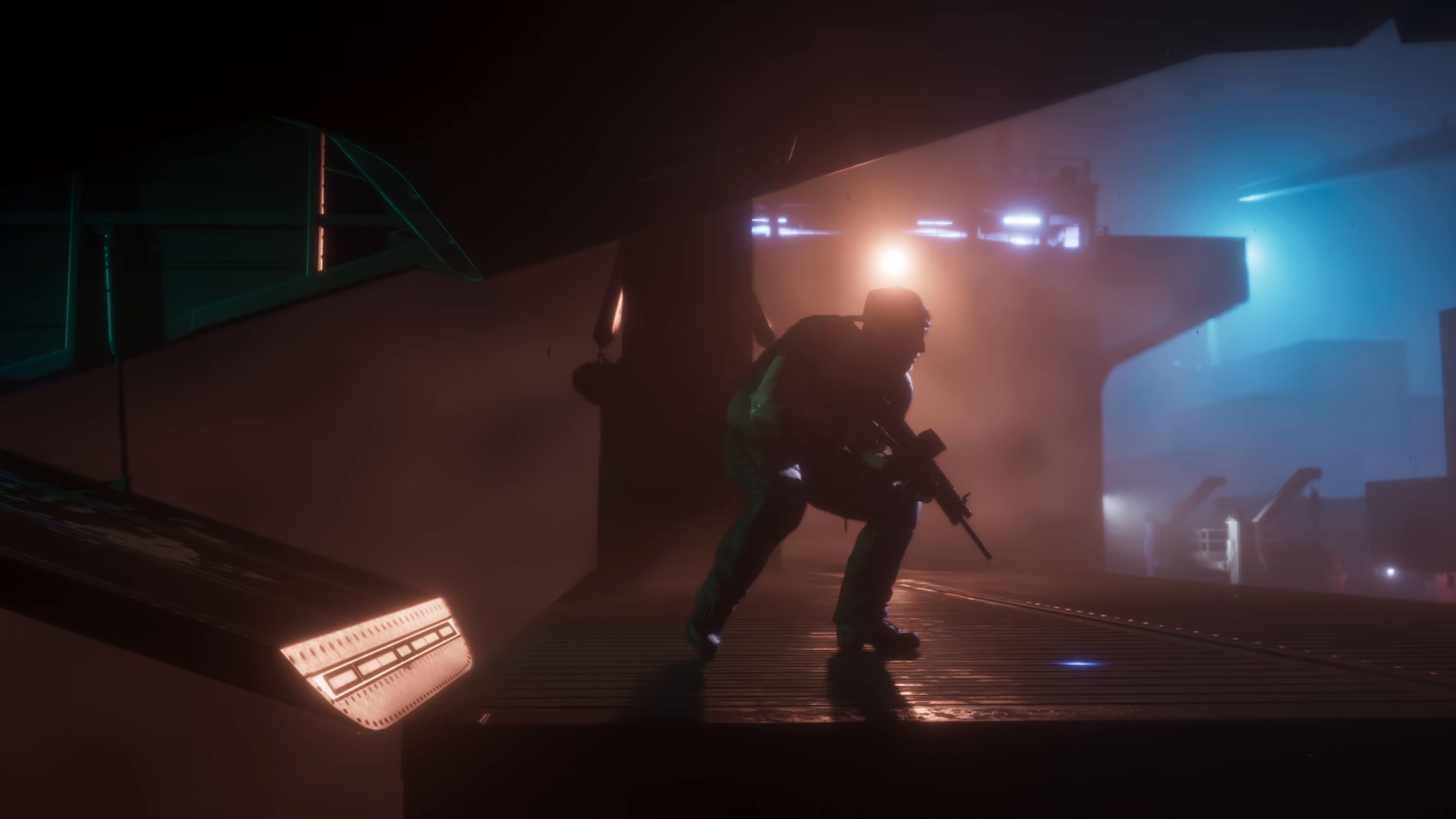 An armed man crouches on a ship deck amid fog and lights