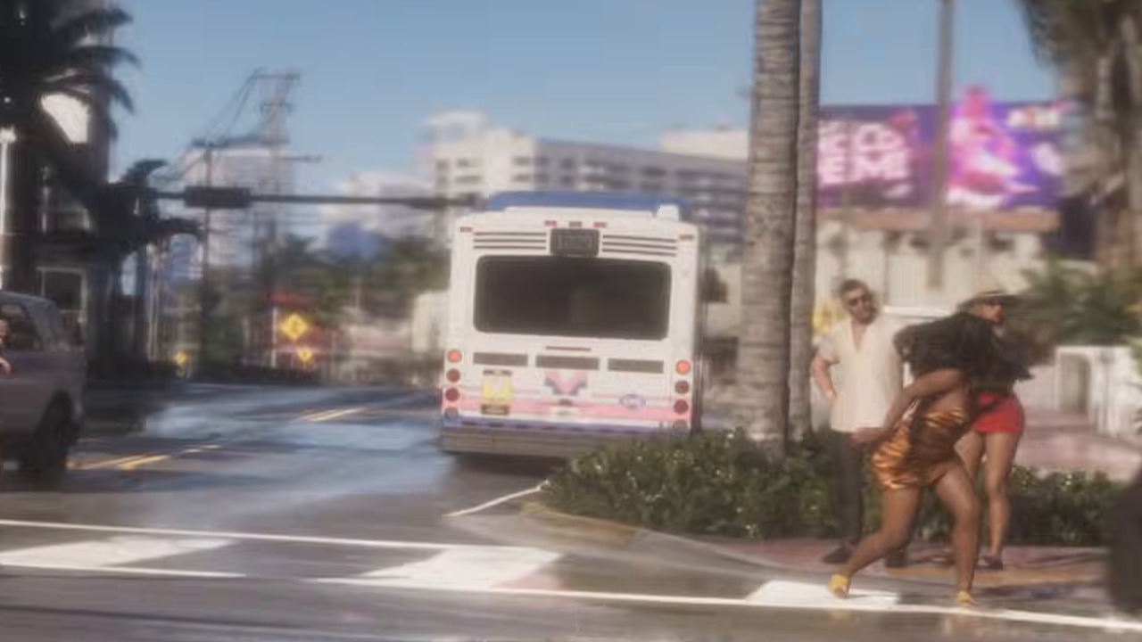 The rear of a white city bus pulling away down Shore Drive, among palm trees and pedestrians, in the Launch Trailer