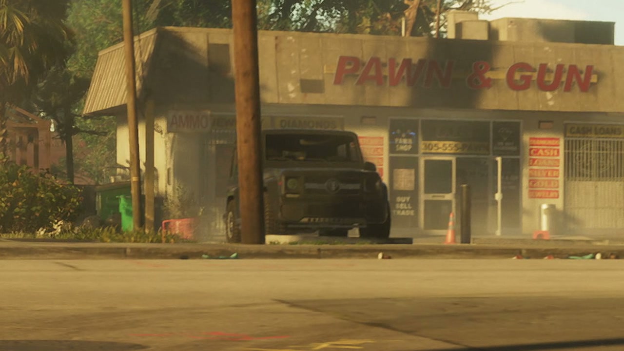 Black SUV parked outside the Pawn & Gun pawn shop in Port Gellhorn, in GTA VI Trailer 1