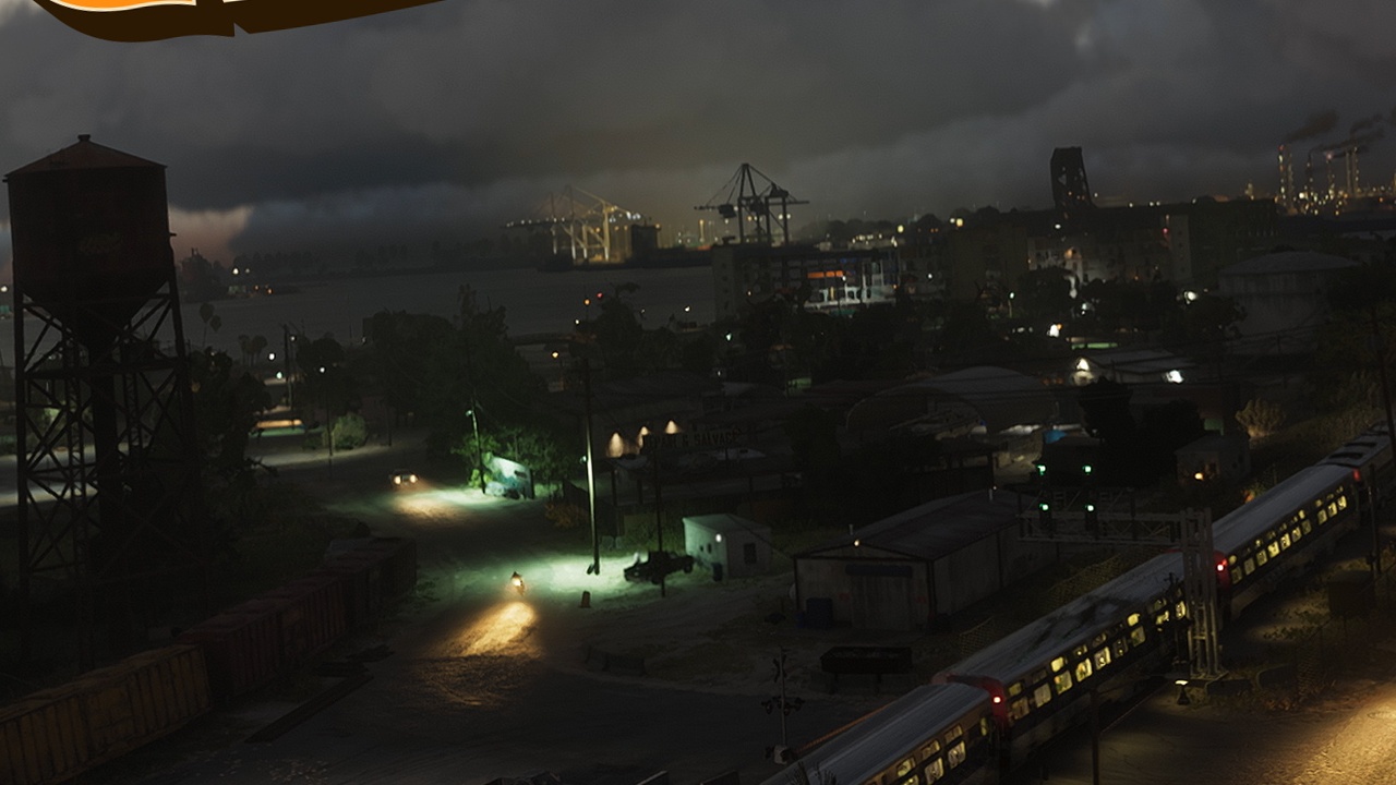Draper Island port cranes at night across Port Gellhorn bay