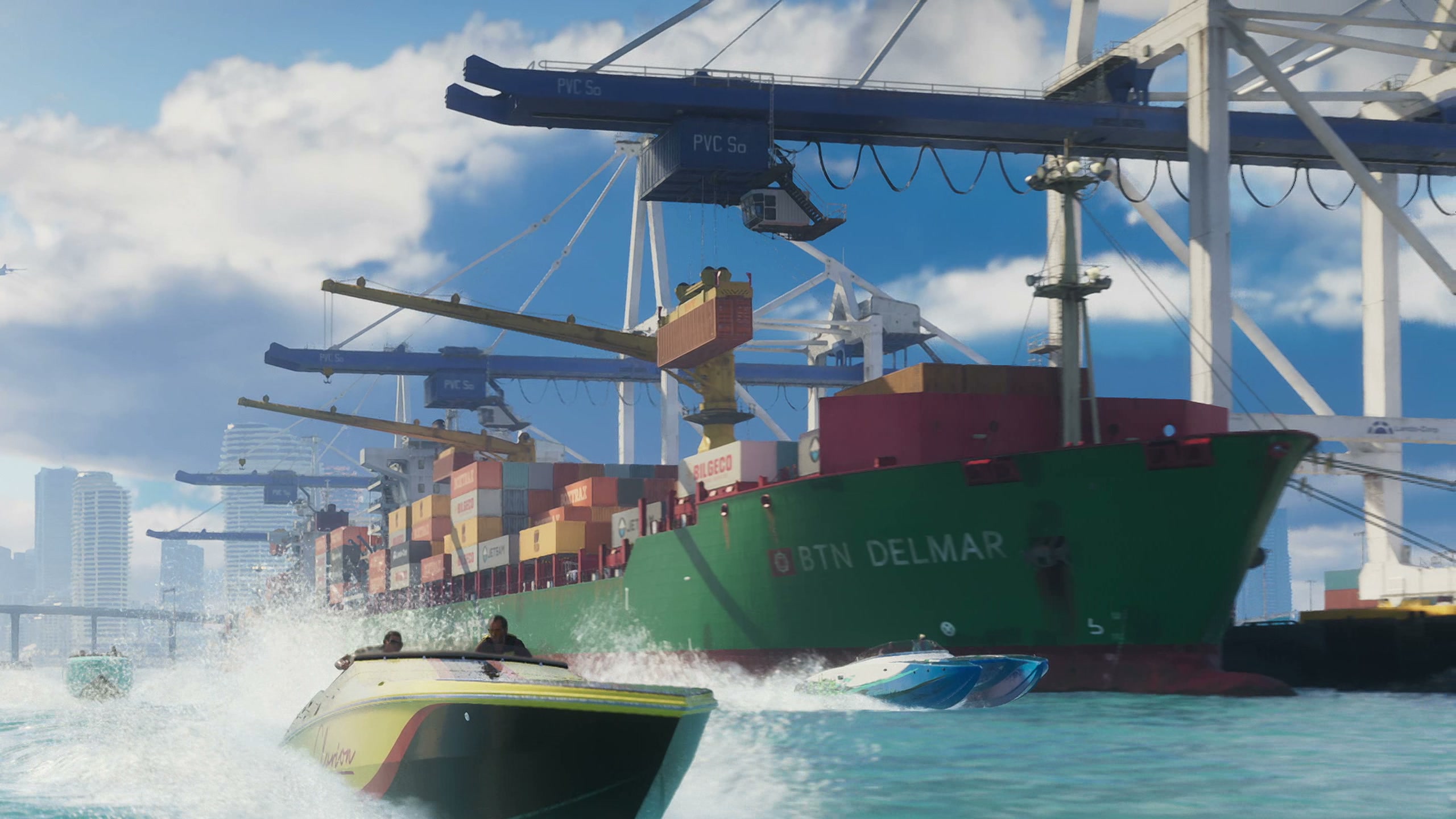 Green-hulled container ship with BTN DELMAR on the bow among port cranes as speedboats race past