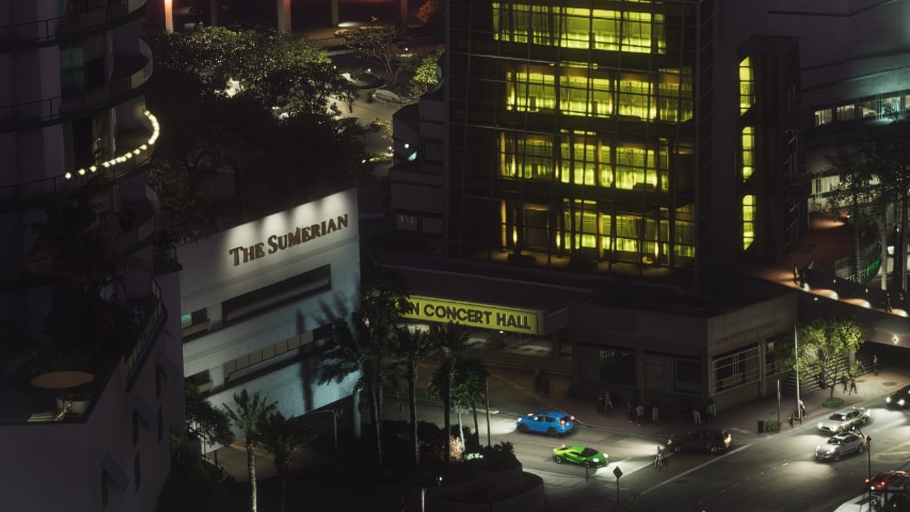The Sumerian lettering on the hotel podium next to the concert hall sign