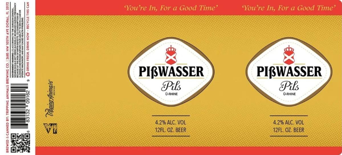 Pißwasser Pils can label: gold background with the crown crest, the tagline "You're in, for a good time", 4.2% and the "VI" logo on the side