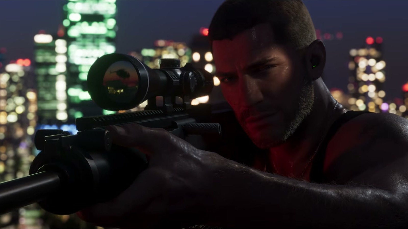 A short-haired man with an earpiece aims a sniper rifle, the city blurred behind.