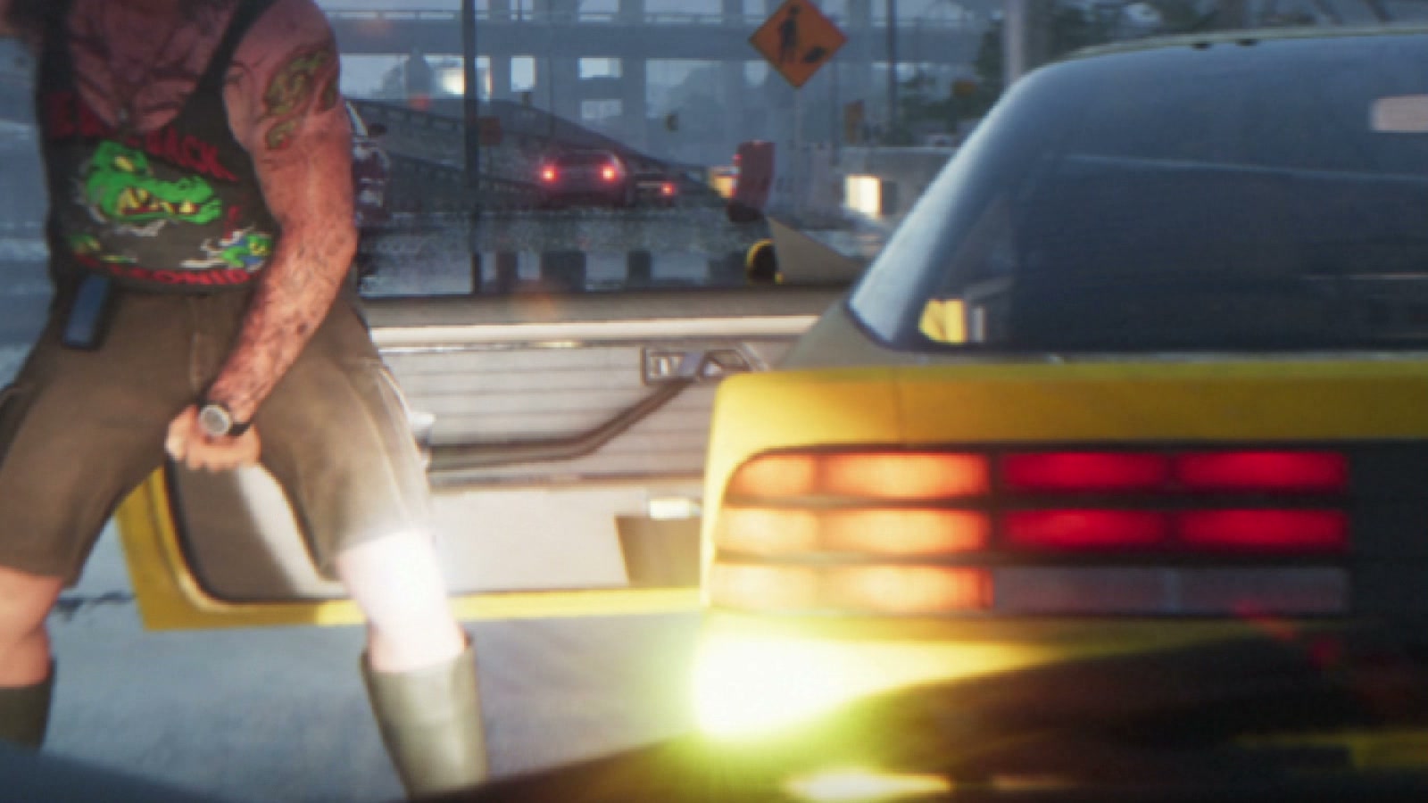 Yellow car with its door open on the highway and a man dancing next to it, in GTA VI Trailer 1