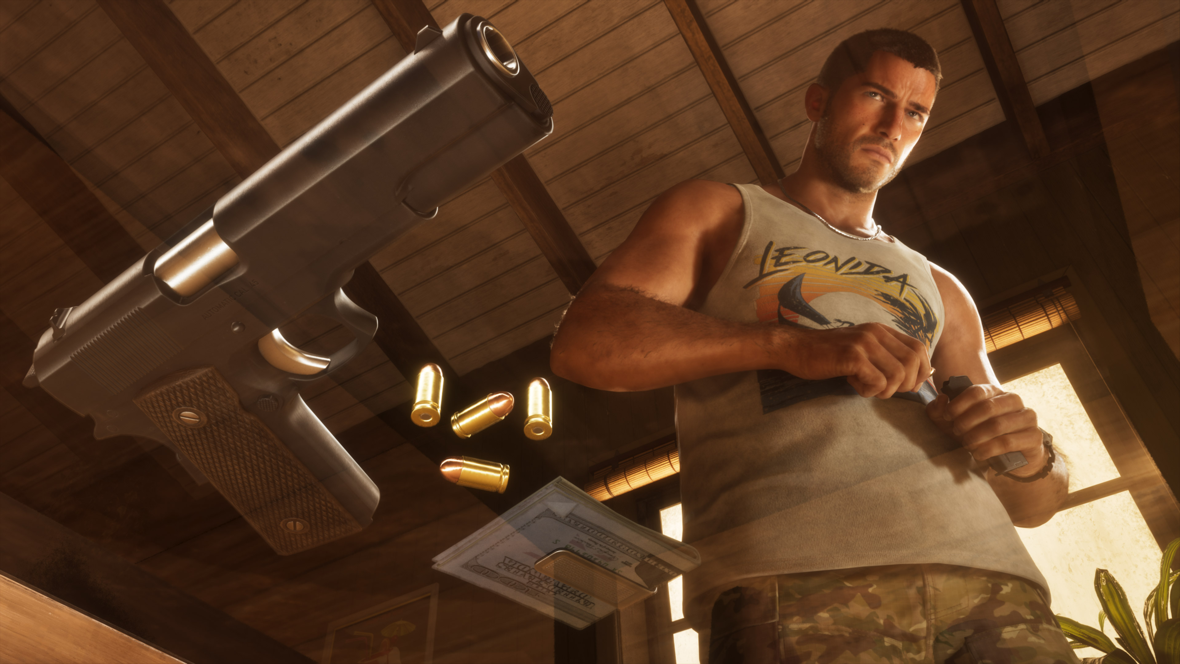 Man in a Leonida tank top and camouflage pants; a pistol, bullets and a stack of cash in the foreground.