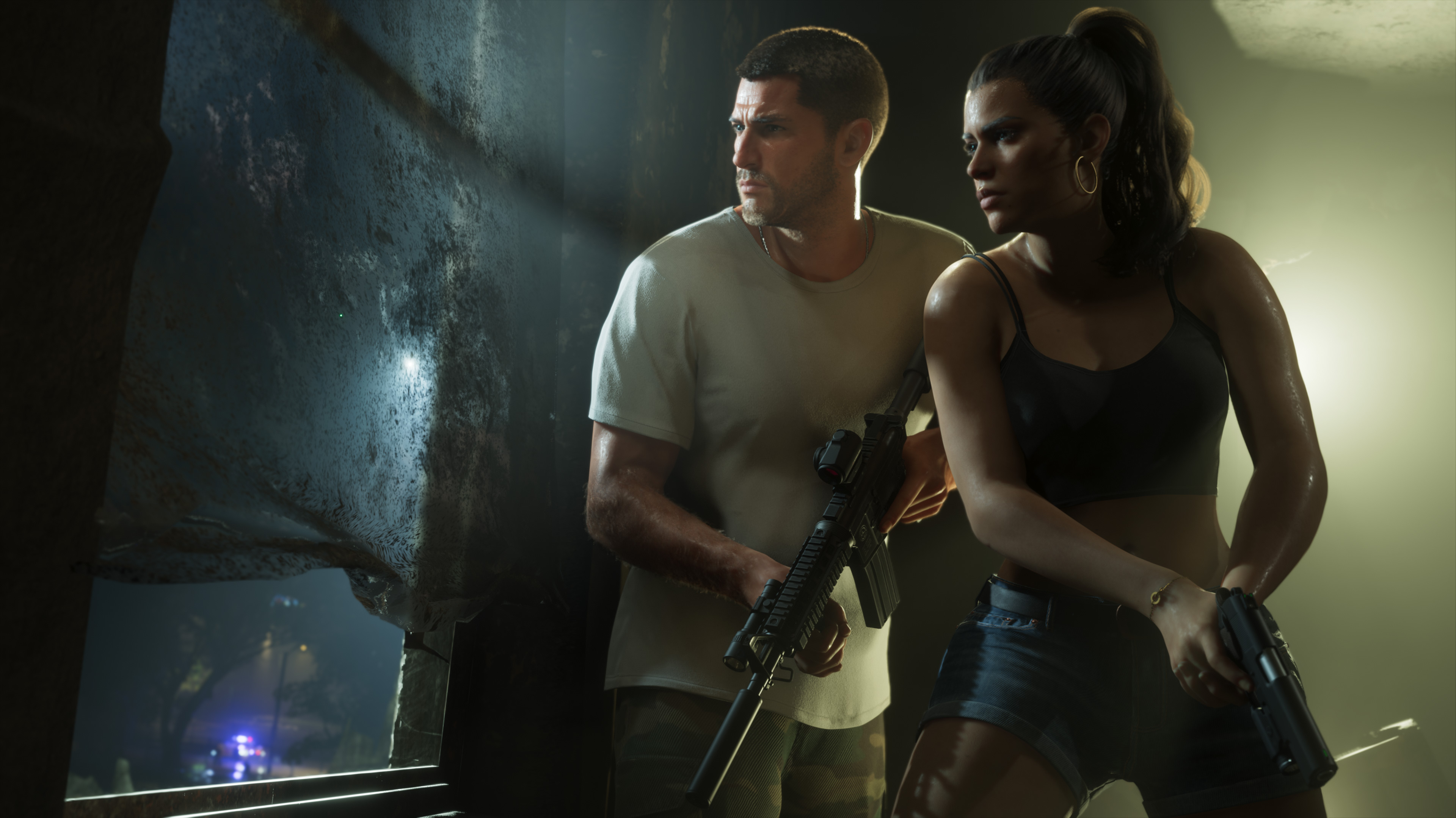 Man in a white t-shirt with a rifle beside a woman in a black top, shorts and a pistol; they look through a broken window.