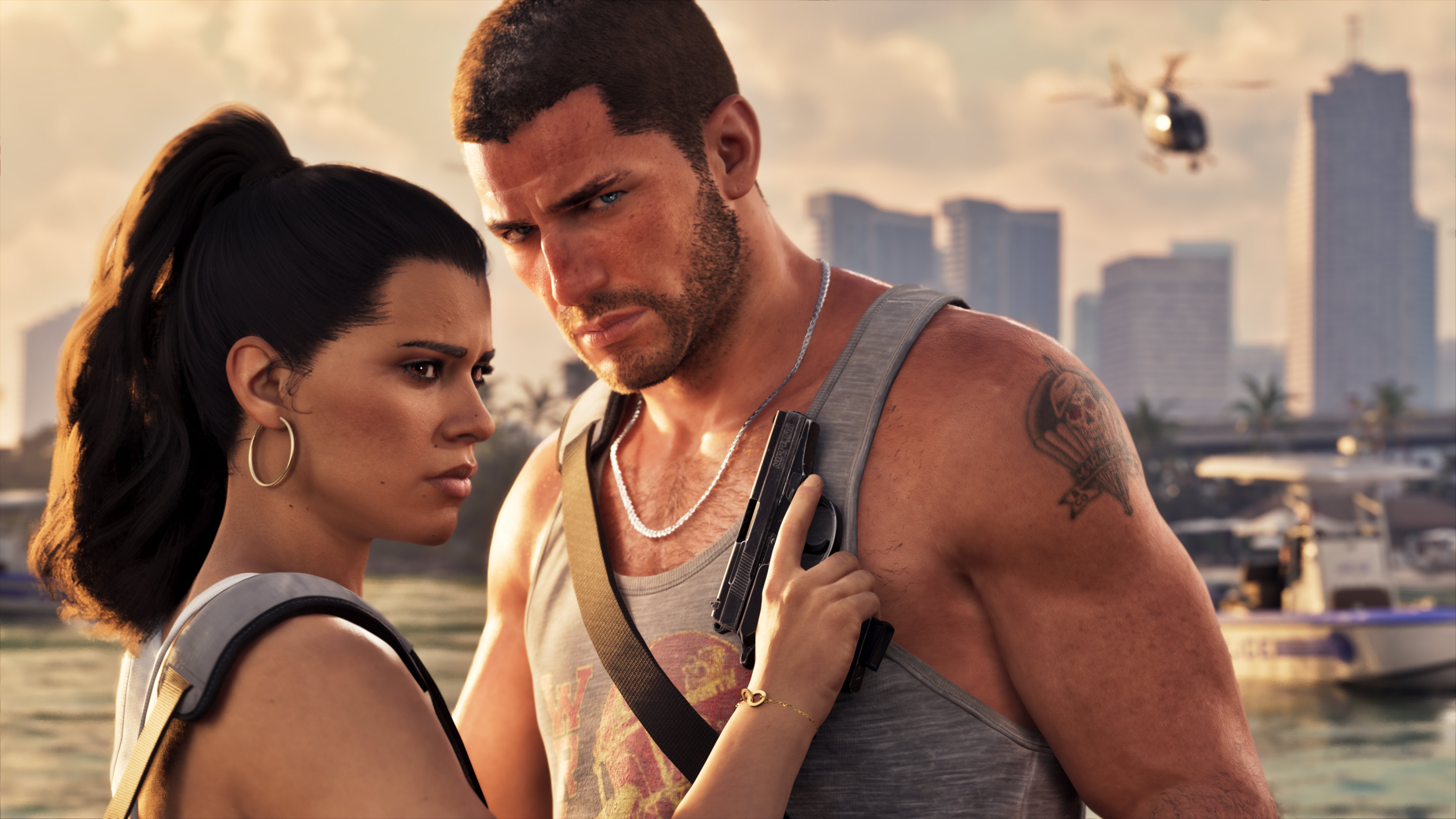 Jason and Lucia standing together with Vice City in the background.