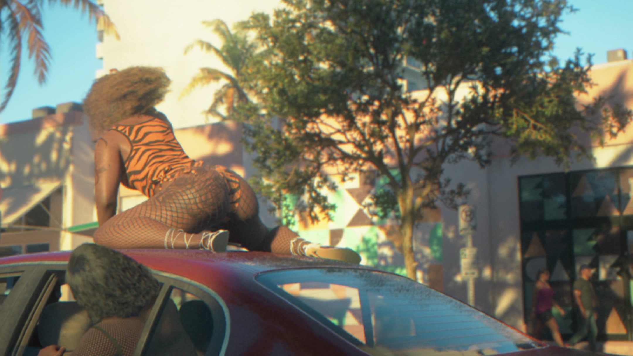 Woman dancing on the roof of a red sedan on a Vice City street, in GTA VI Trailer 1