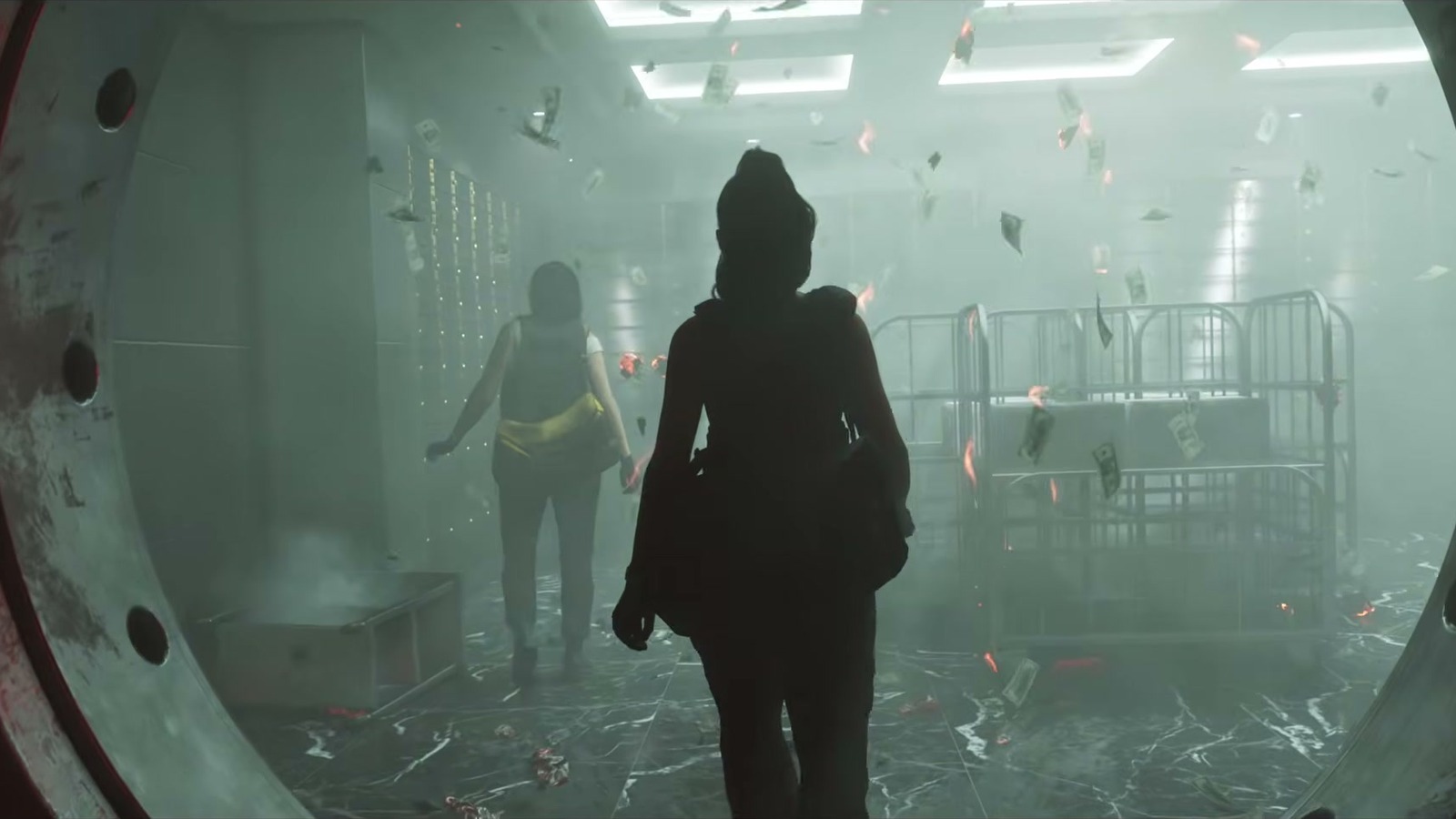 Through a round vault door, two women walk in amid smoke and floating banknotes.