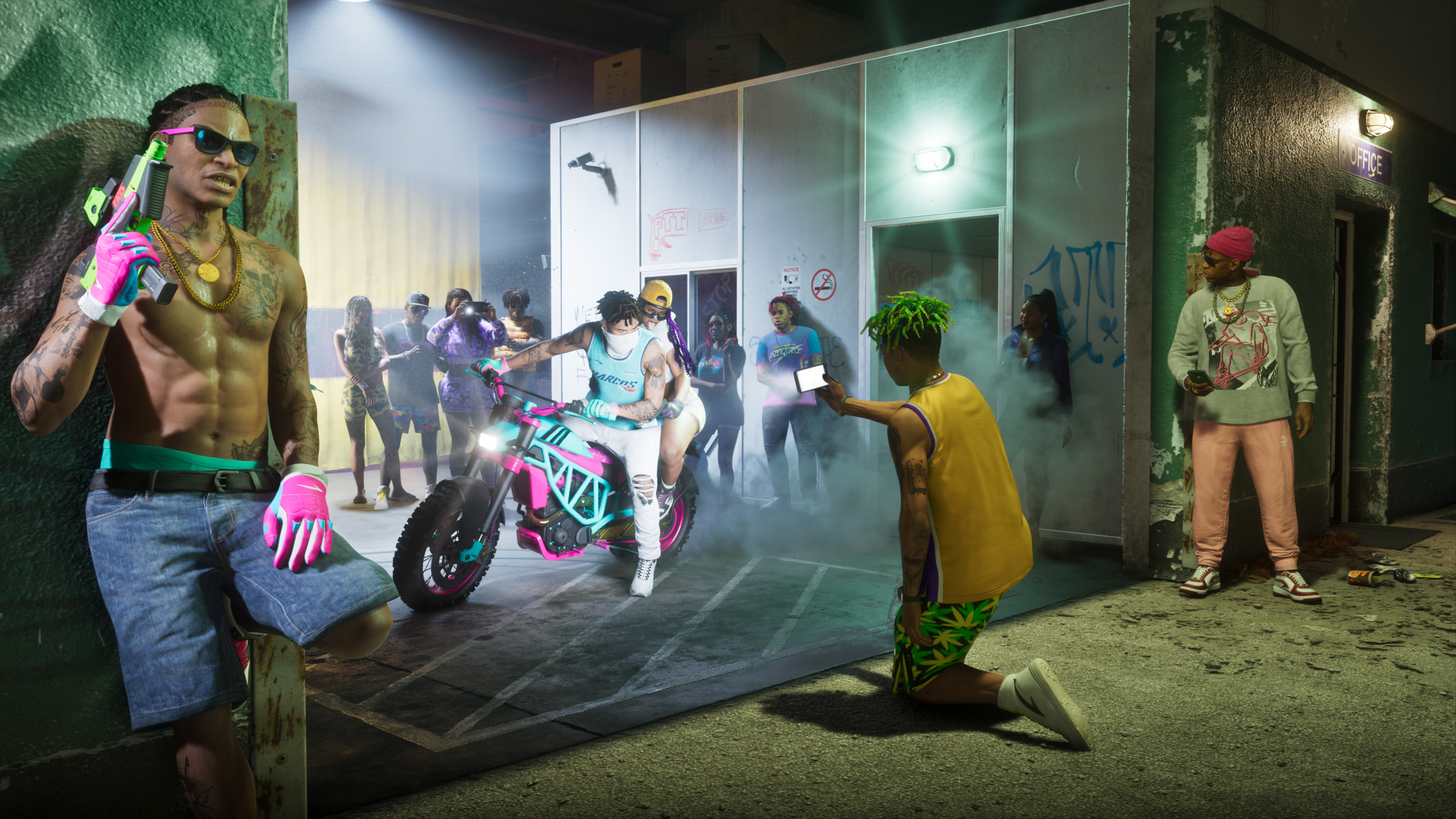 PTT Youngin$ gang members film a couple doing a burnout on a pink and teal motorcycle in a smoky yard