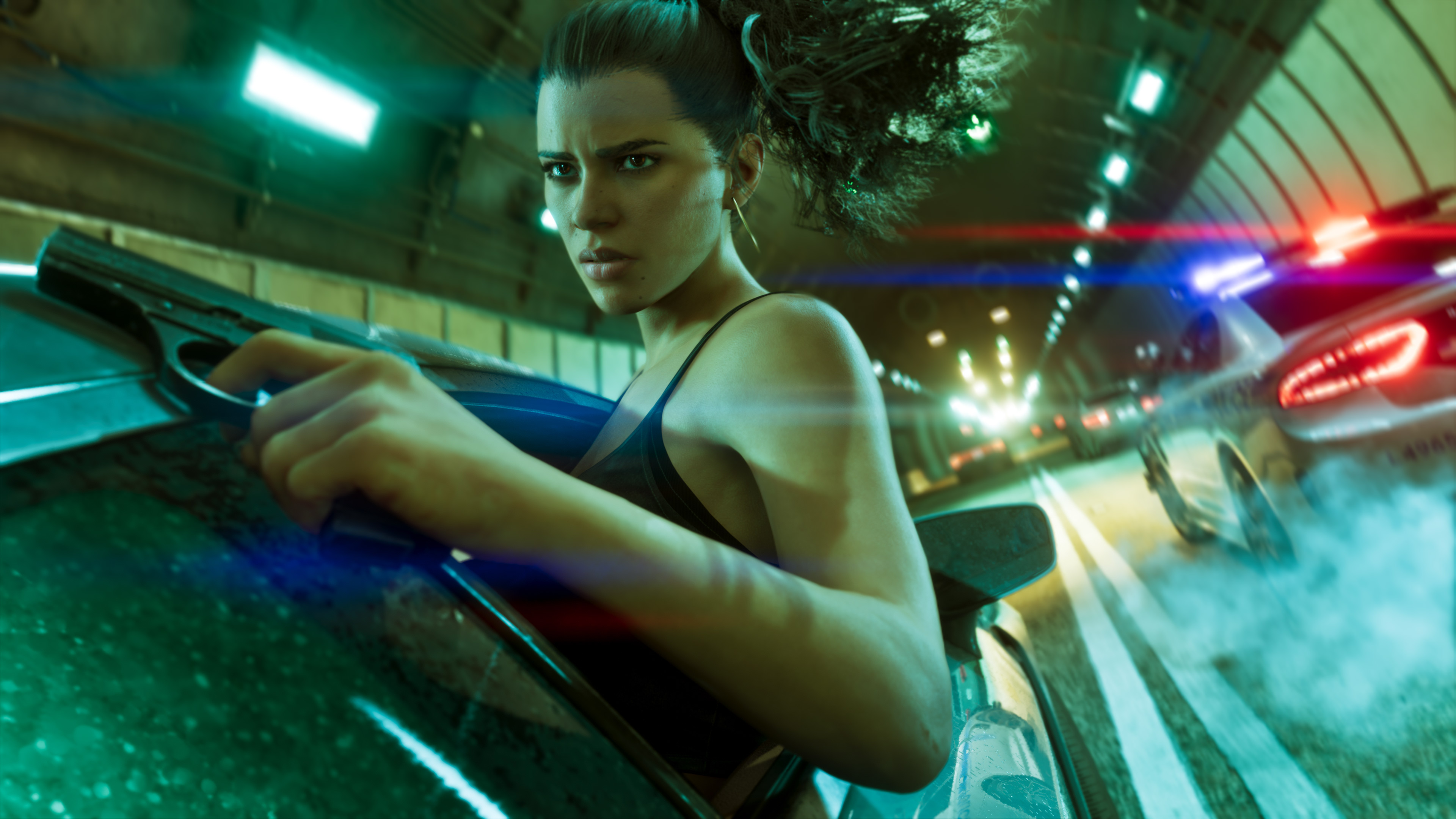 Woman with a ponytail and black top holding a shotgun against a car; green-lit tunnel and a police car with lights on.