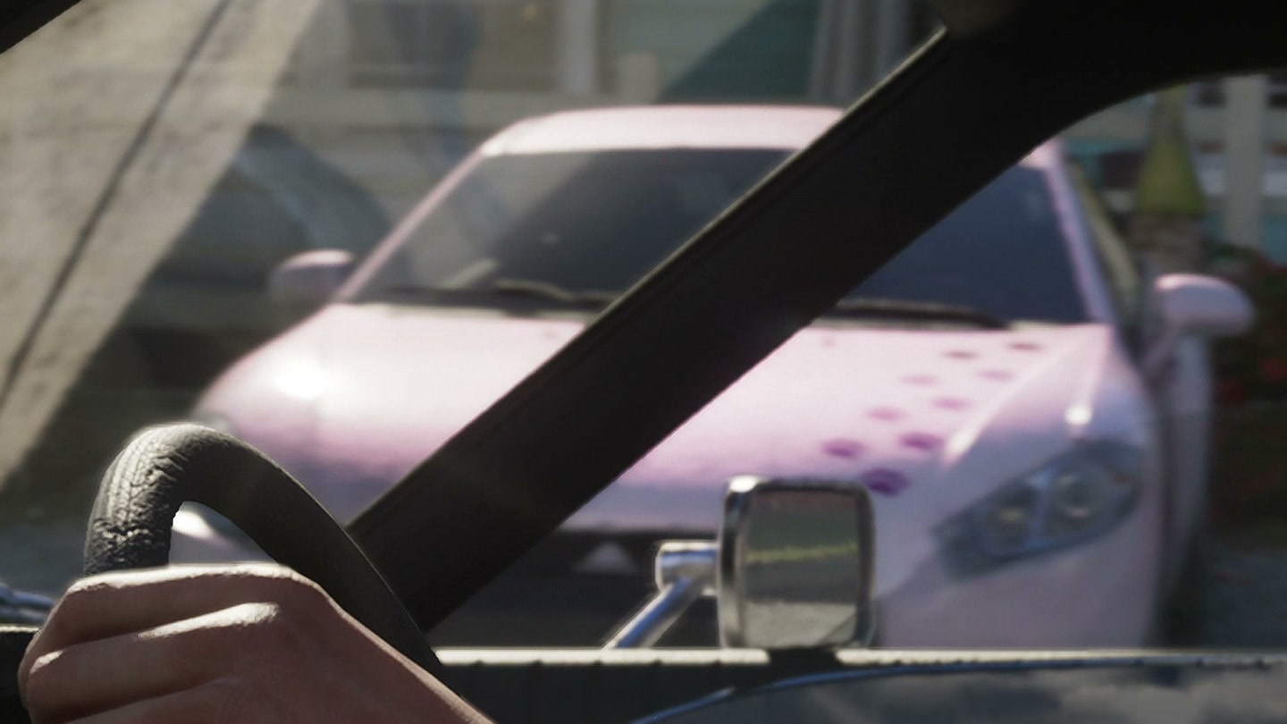 Pink car with polka dots parked outside a Key Lento house, seen from Jason's car, in GTA VI Trailer 2