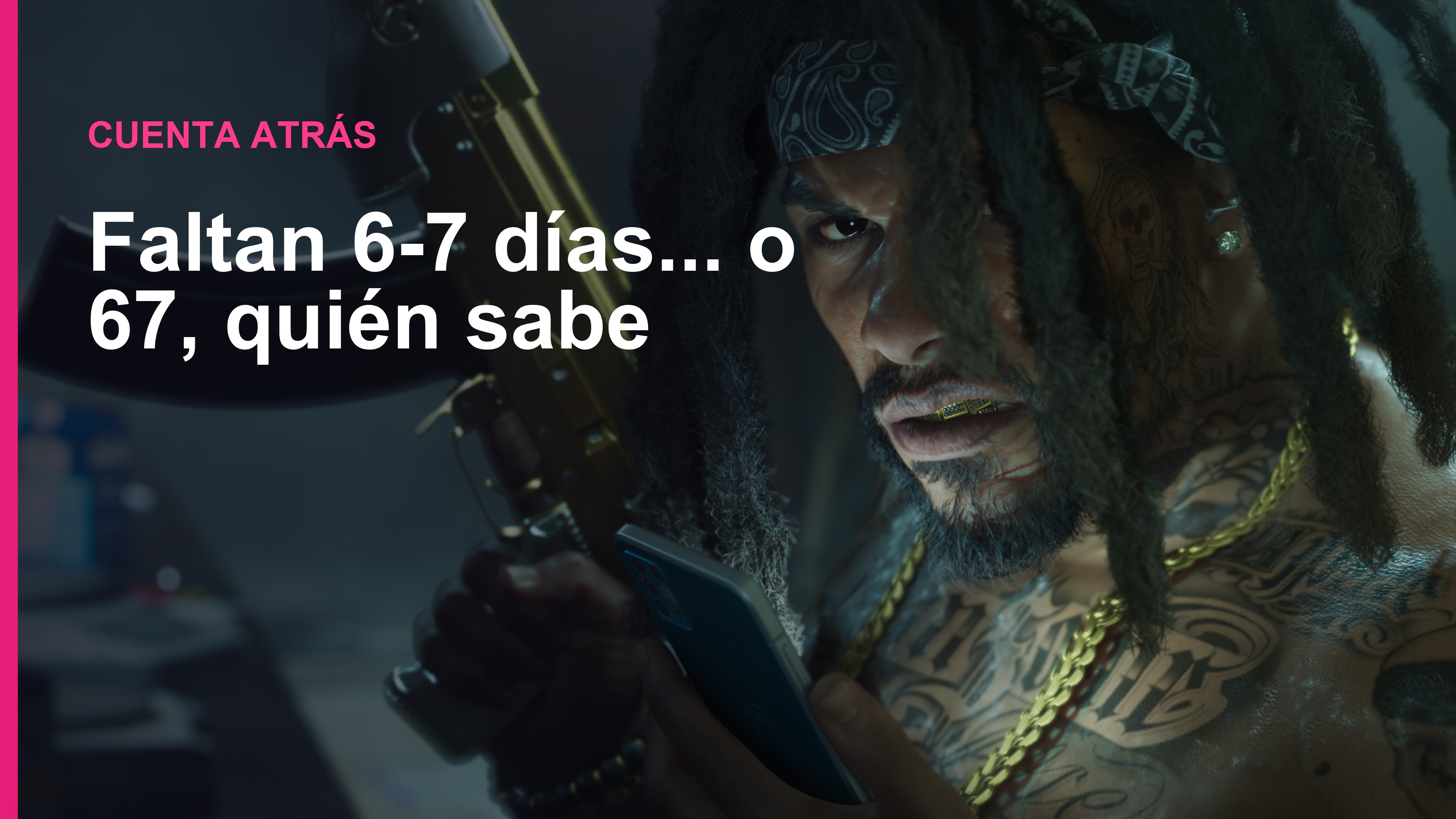 Captura de GTA VI con overlay de texto: Faltan 6-7 días... o 67, quién sabe.