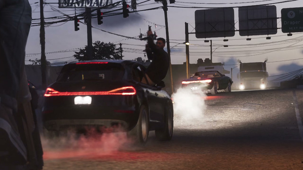 Black crossover with a man shooting from the window at dusk in Port Gellhorn, in GTA VI Trailer 2