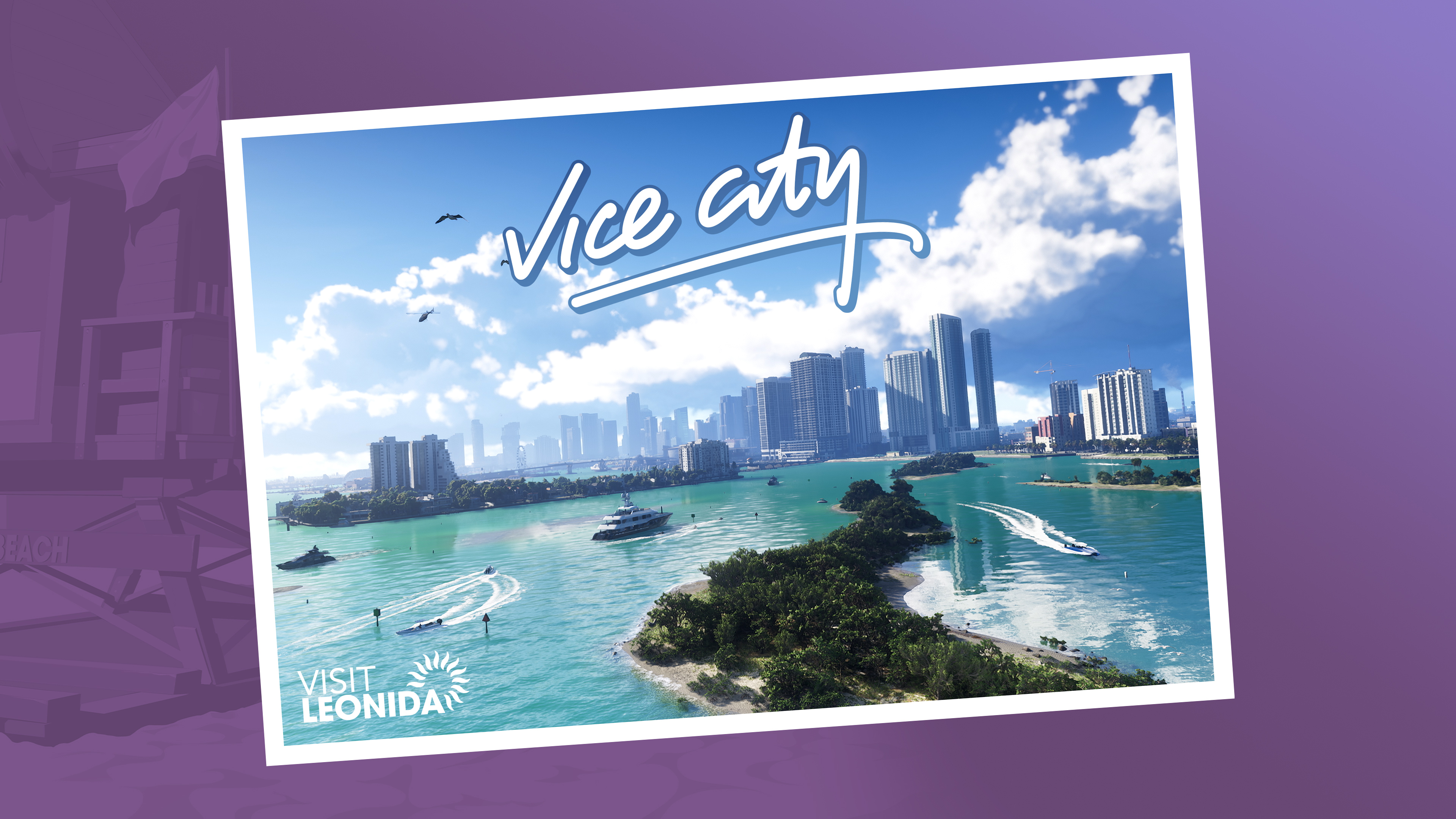 Postal oficial de Vice City con un skyline frente al agua.