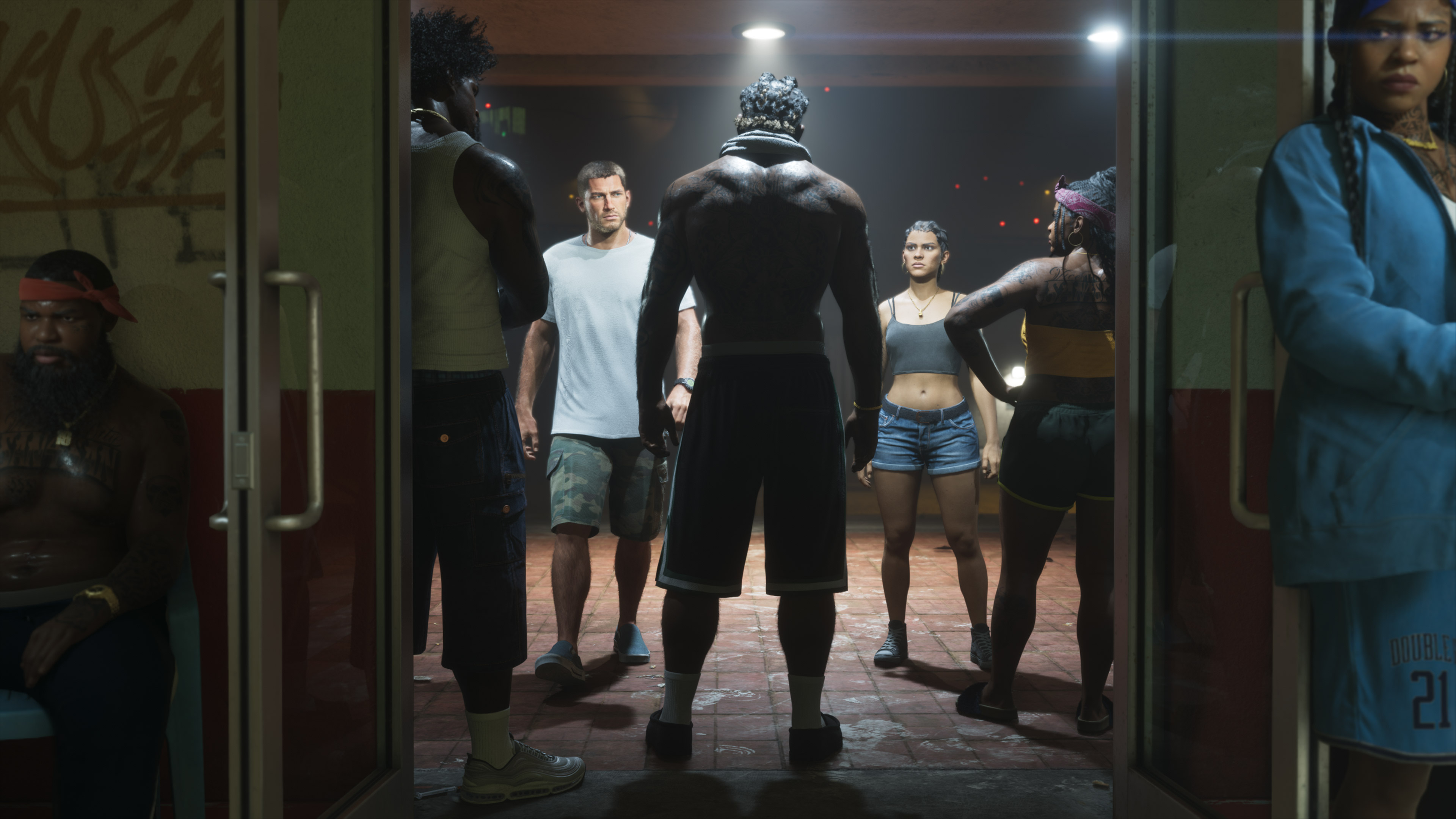 Lucia and Jason walking through a nightclub entrance at night.