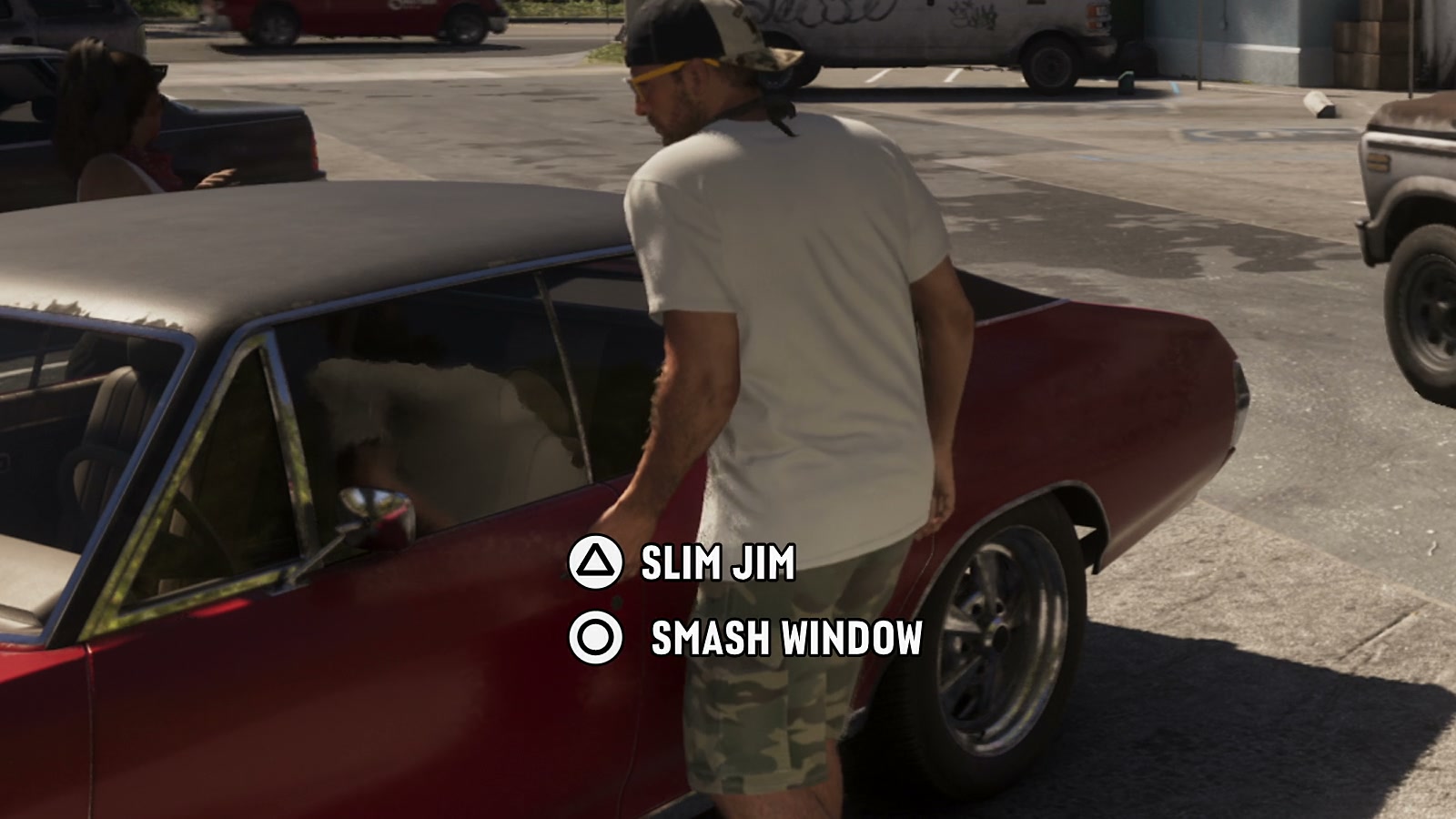 Jason by a parked red car with the Slim Jim and Smash Window prompts on screen