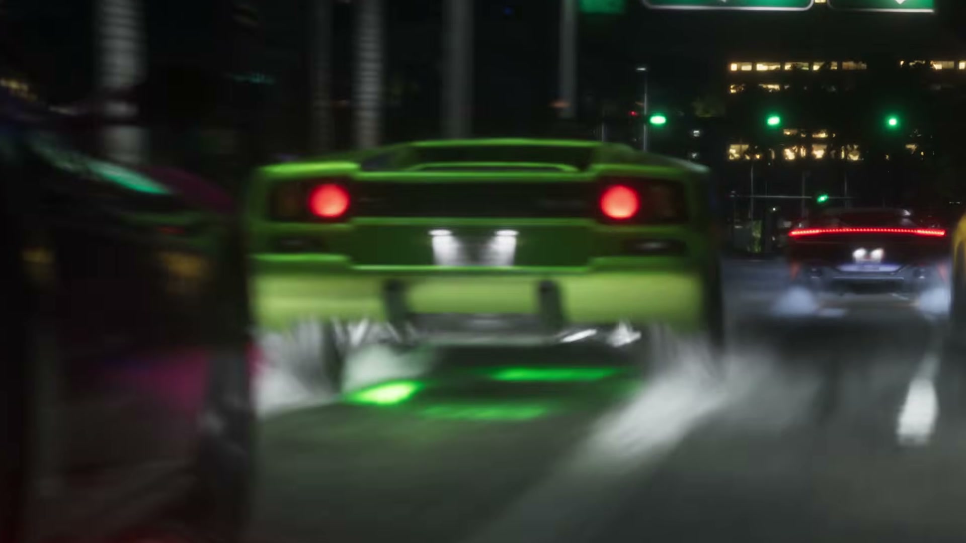 Green classic supercar with green underglow in a night race through Downtown