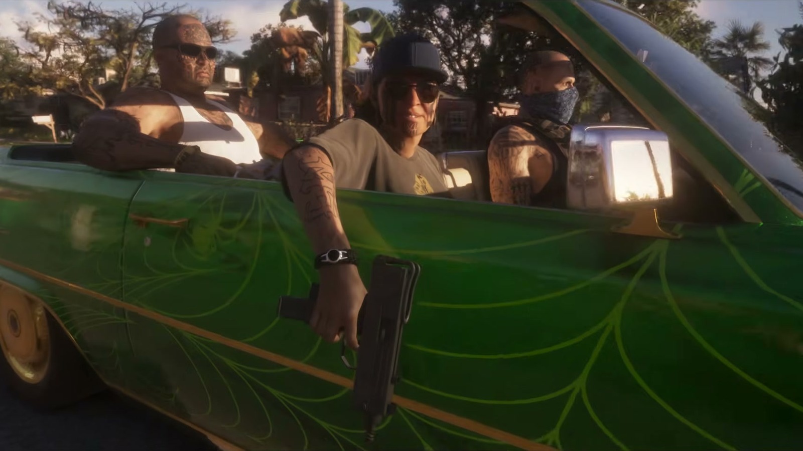 A green convertible lowrider with gold veins and three tattooed men; one, in sunglasses, holds a compact submachine gun over the door.