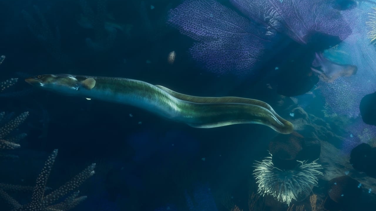 Long greenish eel swimming among corals and sea fans
