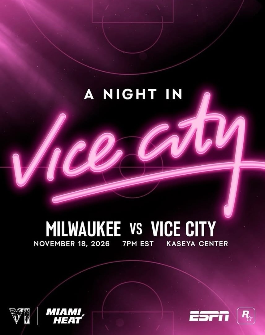 Cartel oficial de «A Night in Vice City»: Milwaukee vs Vice City, 18 de noviembre de 2026, 7 PM EST, Kaseya Center, con los logos de GTA VI, Miami Heat, ESPN y Rockstar Games.
