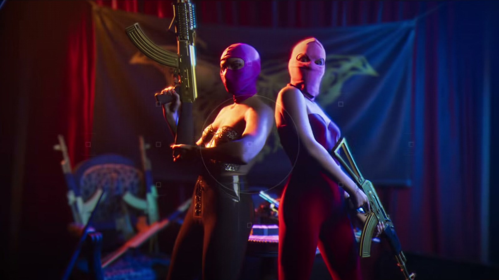 Two women in pink balaclavas holding rifles in front of a banner and curtain.