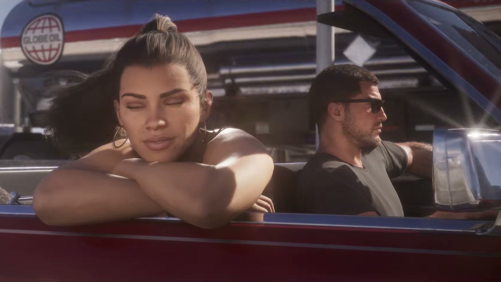 Lucia leans on the door of a red convertible next to a driver in sunglasses.