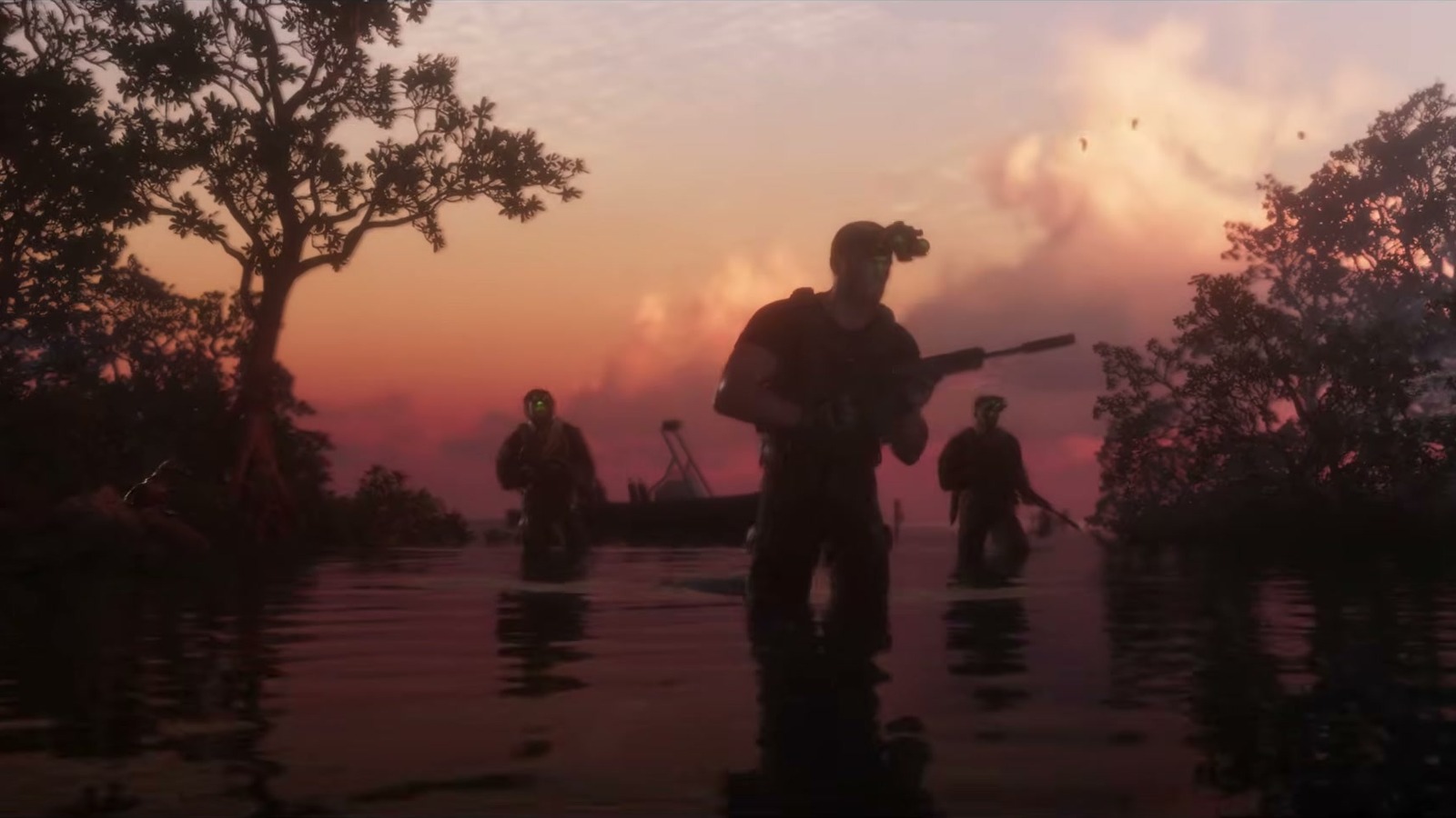 Armed silhouettes wade waist-deep through a mangrove swamp at sunset.