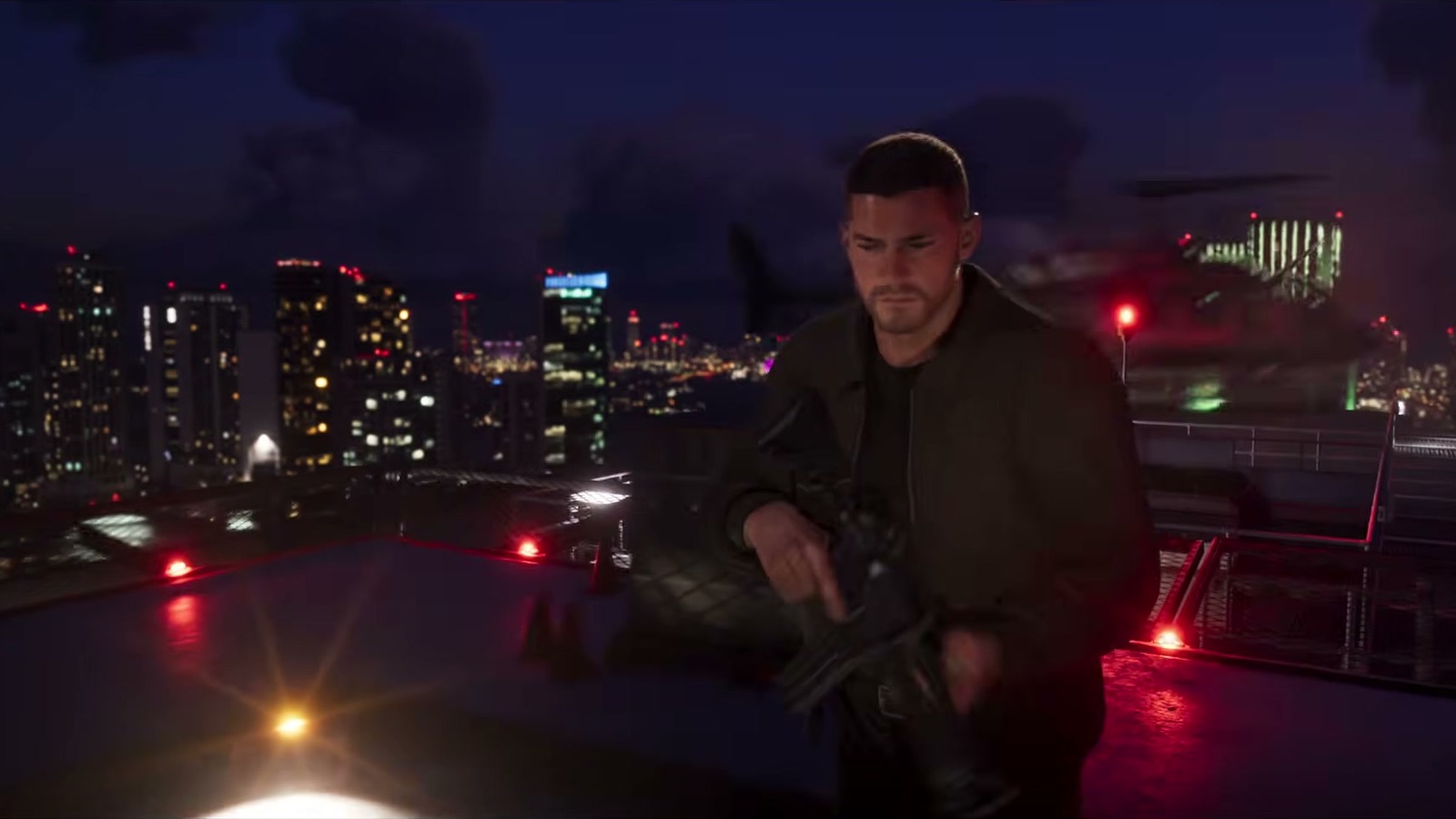A man with a rifle on a rooftop at night, a helicopter nearby and an explosion over the city.