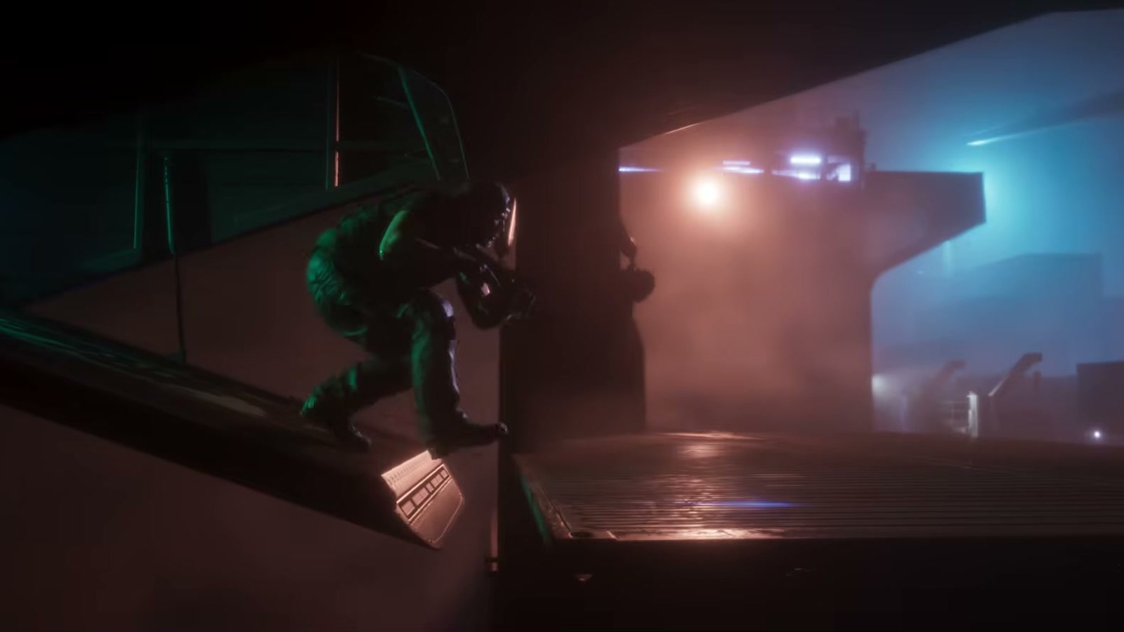 An armed figure in tactical gear crouches in a concrete structure with pink and blue smoke.