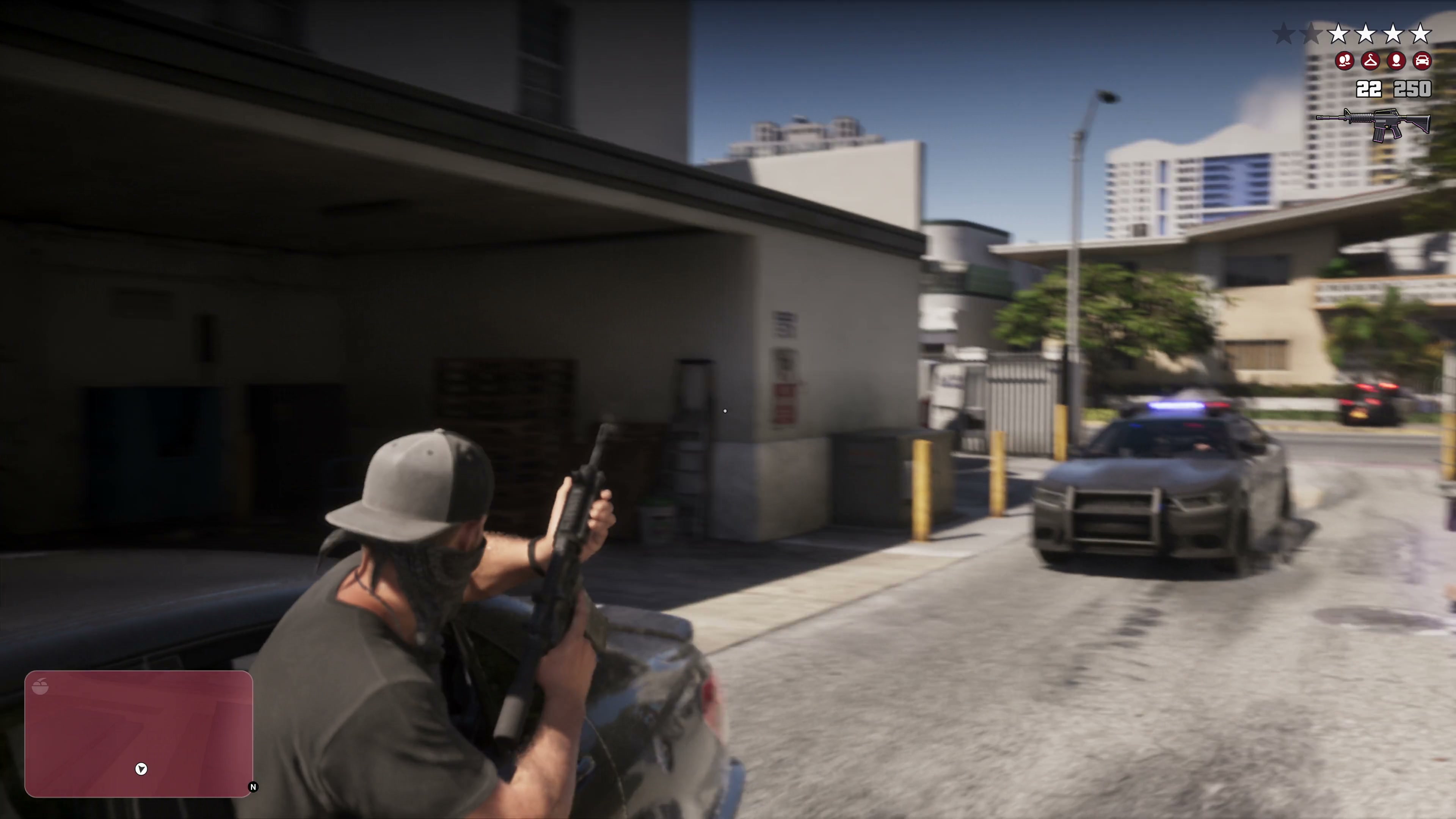 GTA VI police HUD with six star positions during a pursuit