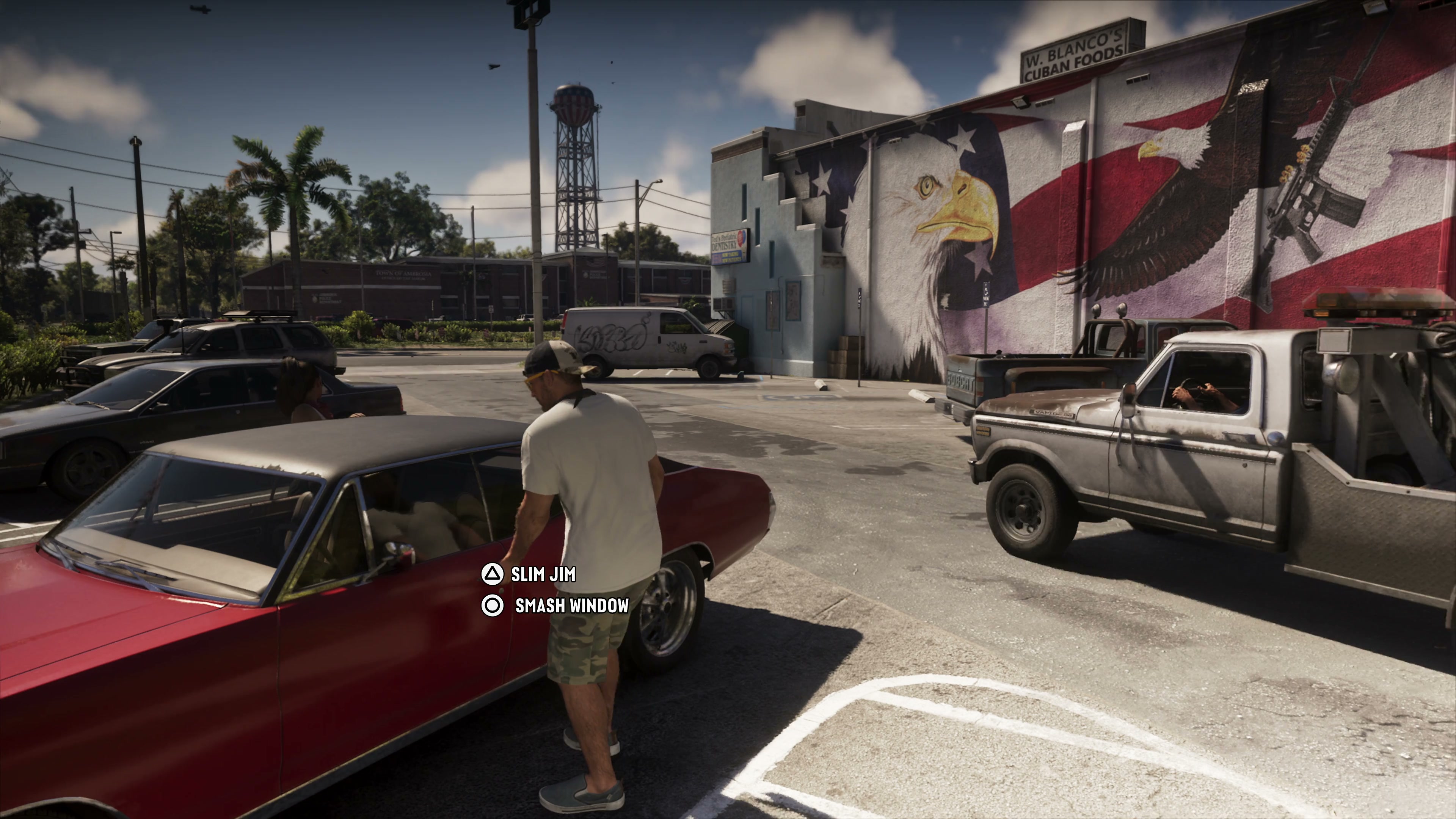 A character beside a locked red car; the interface shows the SLIM JIM and SMASH WINDOW options.