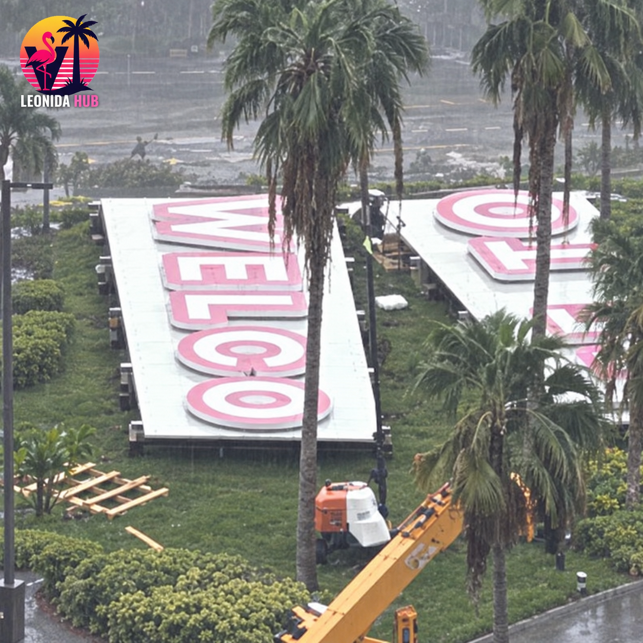 Instalación del letrero 'Welcome back to Vice City' en la azotea del Kaseya Center
