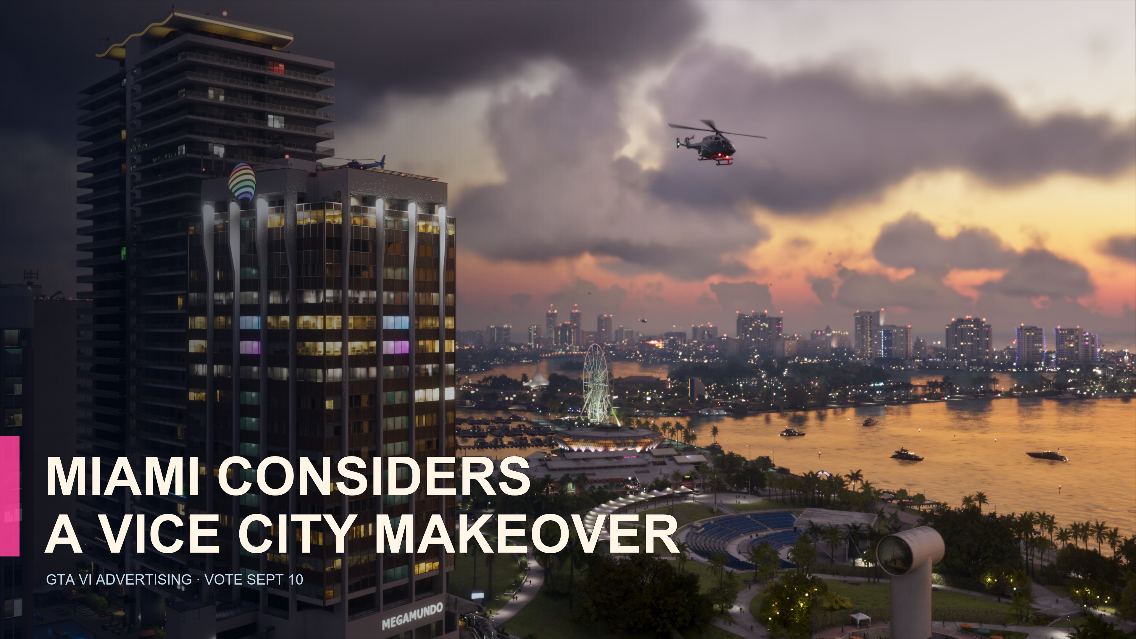 Vice City at dusk with high-rises, bay and helicopters; text: Miami considers a Vice City makeover.