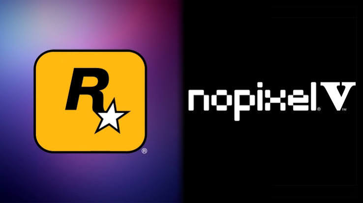 Official NoPixel V artwork showing an armed character, a vehicle and a helicopter.